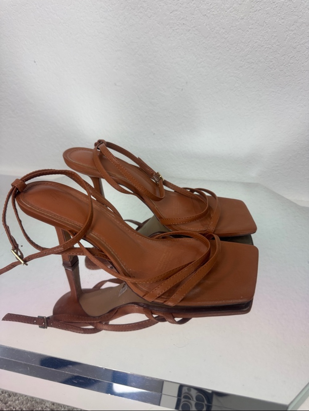 H&M Tan Strappy Square-Toe High Heel Sandals